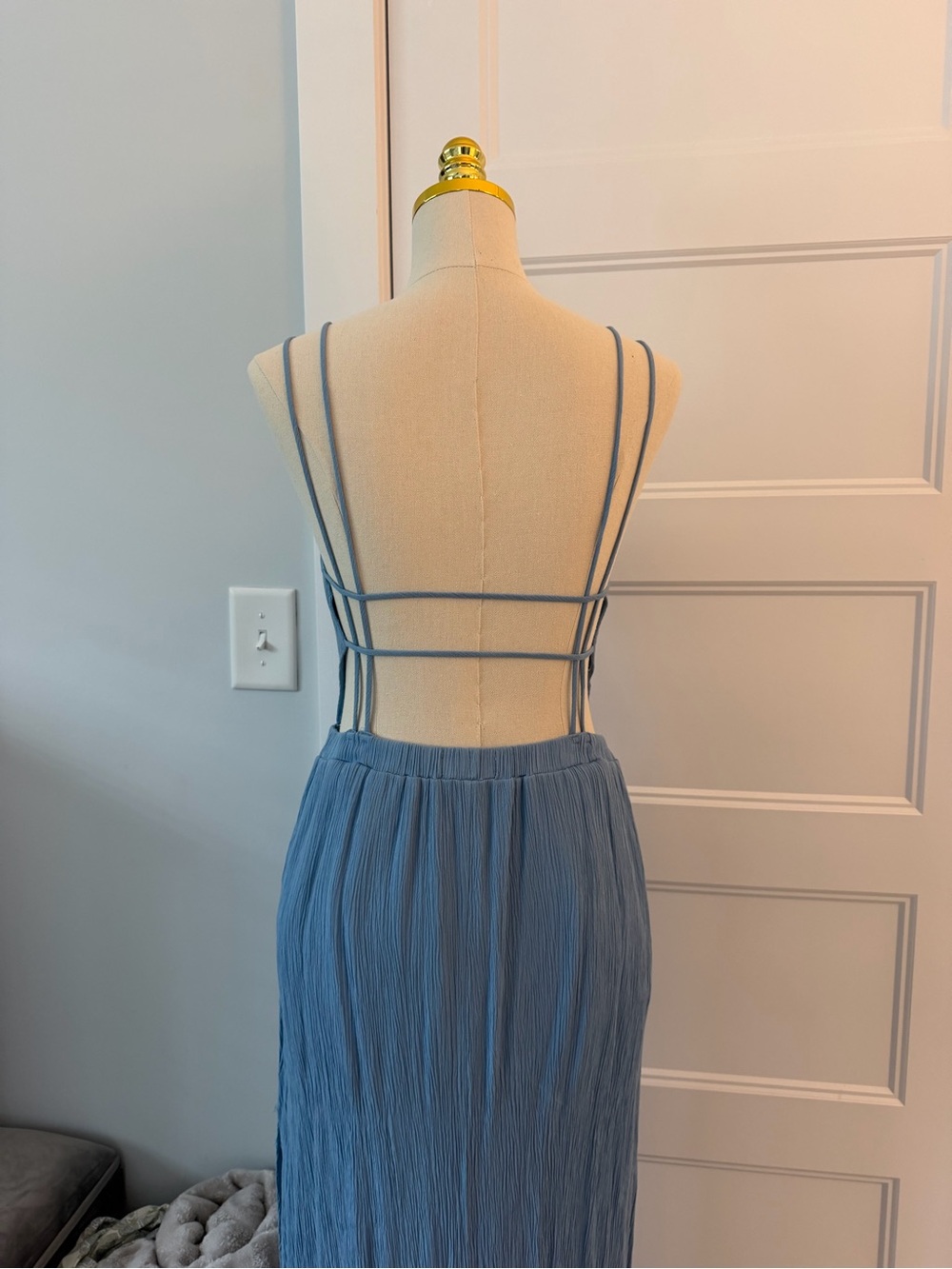 Lulu's Dusty Blue Backless Pleated Maxi Dress with V-Neck - Picture 3 of 5
